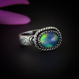 Rose Cut Clear Quartz & Aurora Opal Ring - Size 6 1/4 - Sterling Silver - Rainbow Opal Jewellery - Thick Floral Ring Band Rainbow Crystal