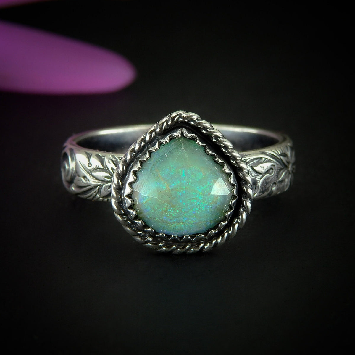Rose Cut Clear Quartz & Monarch Opal Ring - Size 11 1/4 - Sterling Silver - Rainbow Opal Jewellery - Thick Floral Ring Band Rainbow Crystal