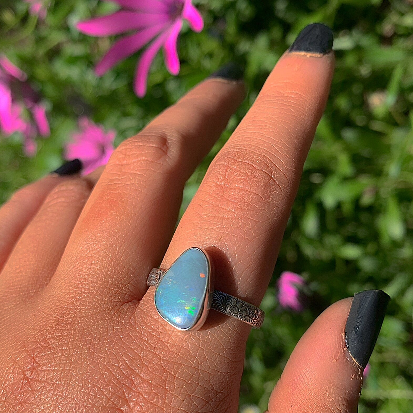 Australian Opal Ring - Size 11 1/4 to 11 1/2 - Sterling Silver - Lightning Ridge Opal Ring, Dainty Opal Jewelry, Blue Australian Opal OOAK
