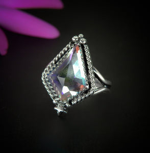 Angel Aura Quartz Ring - Size 9 - Sterling Silver - Angel Aura Quartz Star Ring - Kite Shaped Aura Quartz Jewelry - Faceted Rainbow Crystal