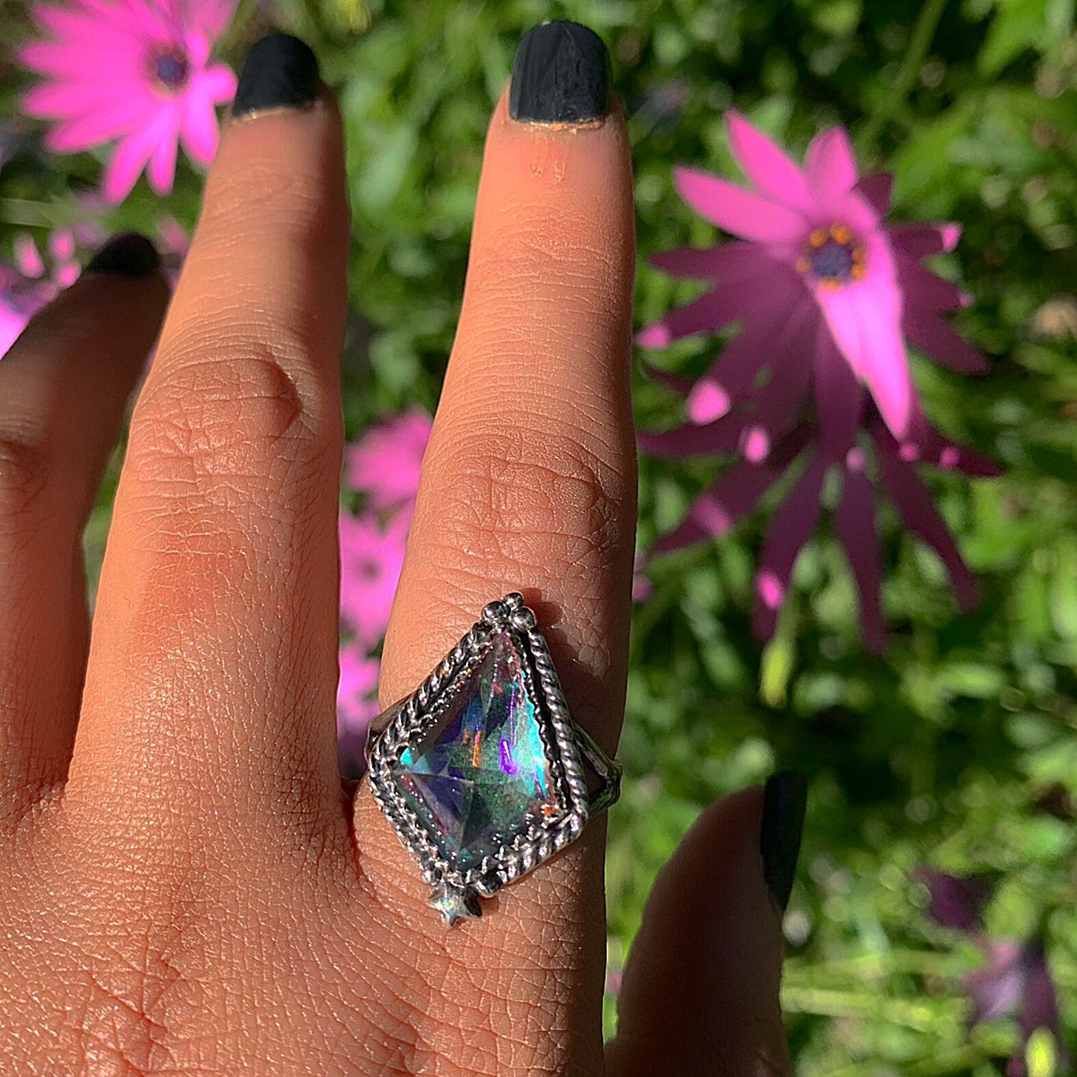 Angel Aura Quartz Ring - Size 9 - Sterling Silver - Angel Aura Quartz Star Ring - Kite Shaped Aura Quartz Jewelry - Faceted Rainbow Crystal