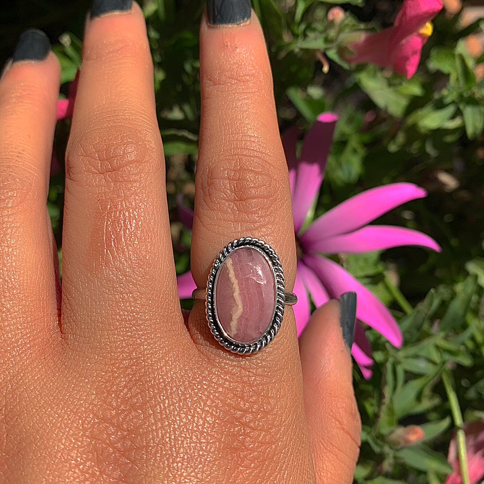 Rhodochrosite Ring - Size 7 to 7 1/4 - Sterling Silver - Oval Rhodochrosite Statement Ring - Pink Rhodochrosite Jewelry - Pink Gemstone Ring