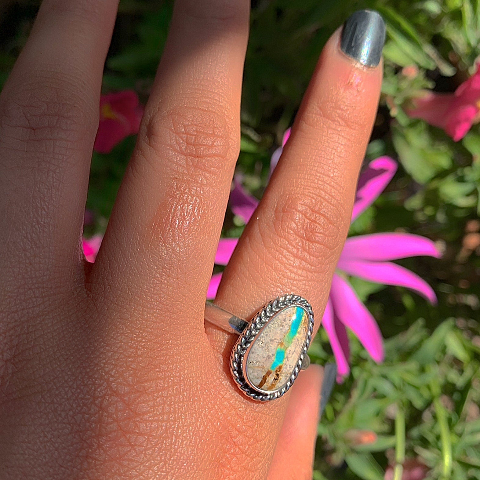 Stone Mountain Ribbon Turquoise Ring - Size 11 1/4 to 11 1/2 - Sterling Silver - Stone Mountain Turquoise Jewelry - Genuine Turquoise Ring