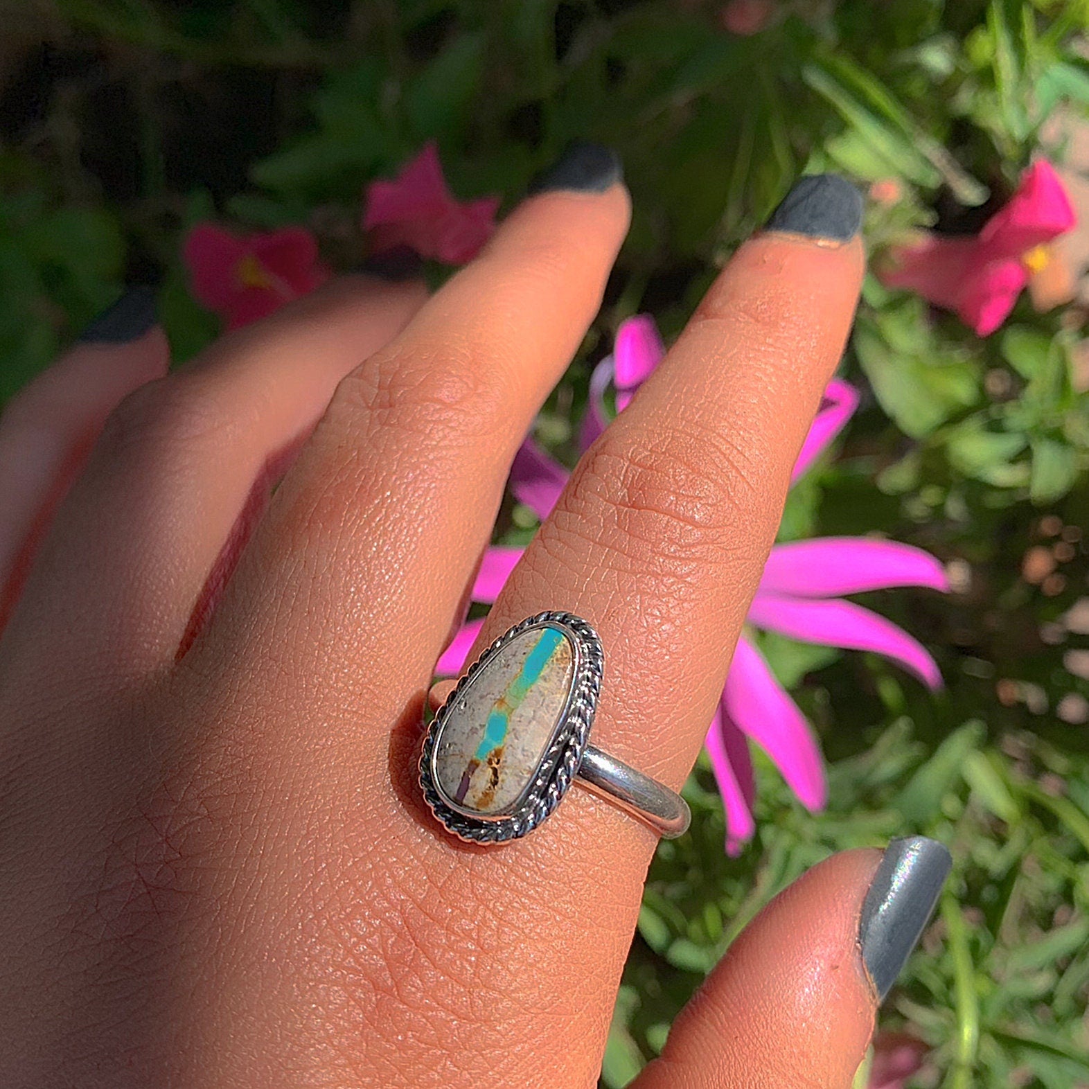 Stone Mountain Ribbon Turquoise Ring - Size 11 1/4 to 11 1/2 - Sterling Silver - Stone Mountain Turquoise Jewelry - Genuine Turquoise Ring