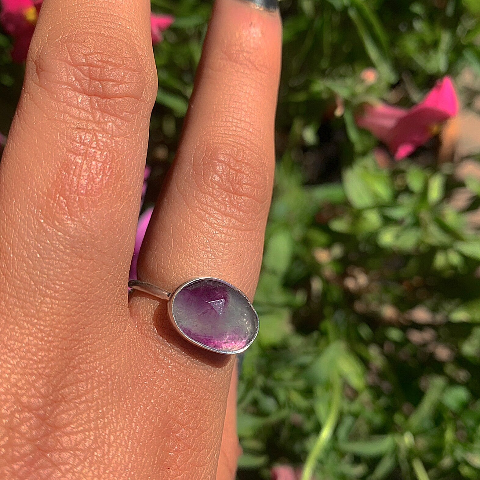 Rose Cut Fluorite Ring - Size 8 - Sterling Silver - Faceted Fluorite Jewelry - Rainbow Fluorite Ring - OOAK Dainty Flurorite Jewellery