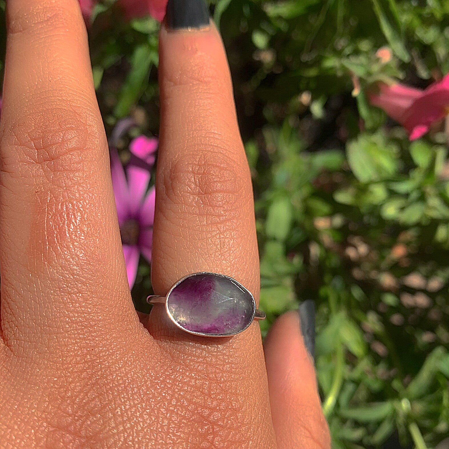 Rose Cut Fluorite Ring - Size 8 - Sterling Silver - Faceted Fluorite Jewelry - Rainbow Fluorite Ring - OOAK Dainty Flurorite Jewellery