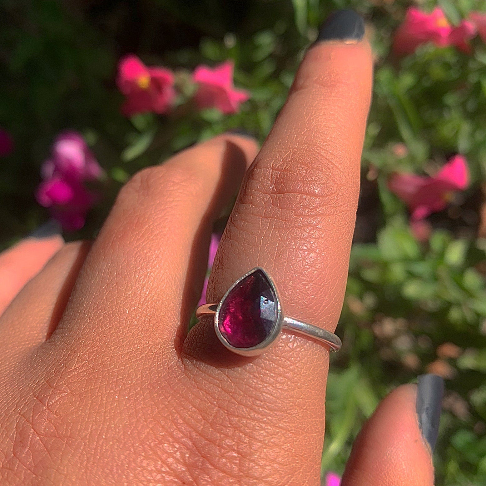 Rose Cut Rhodolite Garnet Ring - Size 8 - Sterling Silver - Faceted Garnet Jewelry - Pink Garnet Jewellery - Dainty Garnet Ring - Red Garnet