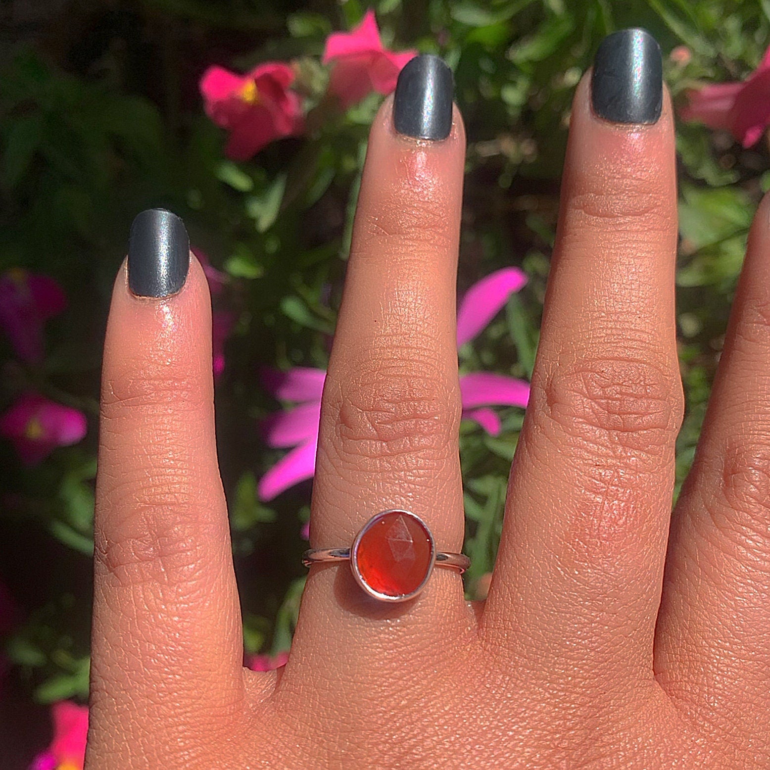 Rose Cut Carnelian Ring - Size 6 - Sterling Silver - Orange Carnelian Jewelry - Faceted Carnelian Jewellery - Red Carnelian Thick Band