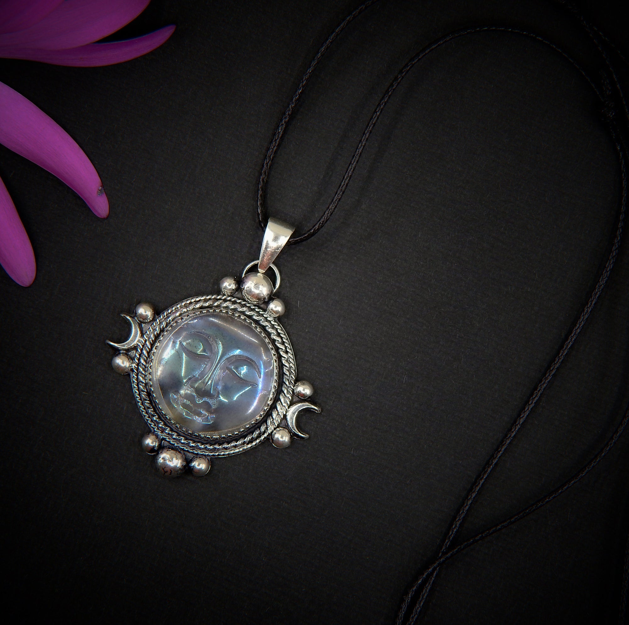 Angel Aura Quartz Moon Goddess Pendant - Sterling Silver - Angel Aura Quartz Pendant - Rainbow Quartz Necklace - Crystal Face Jewellery OOAK