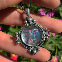 Angel Aura Quartz Moon Goddess Pendant - Sterling Silver - Angel Aura Quartz Pendant - Rainbow Quartz Necklace - Crystal Face Jewellery OOAK