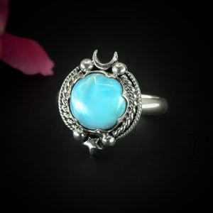 Larimar Ring - Size 9 to 9 1/4 - Sterling Silver - Blue Larimar Ring - Round Larimar Ring - Larimar Jewelry - Handcrafted Larimar Moon Ring