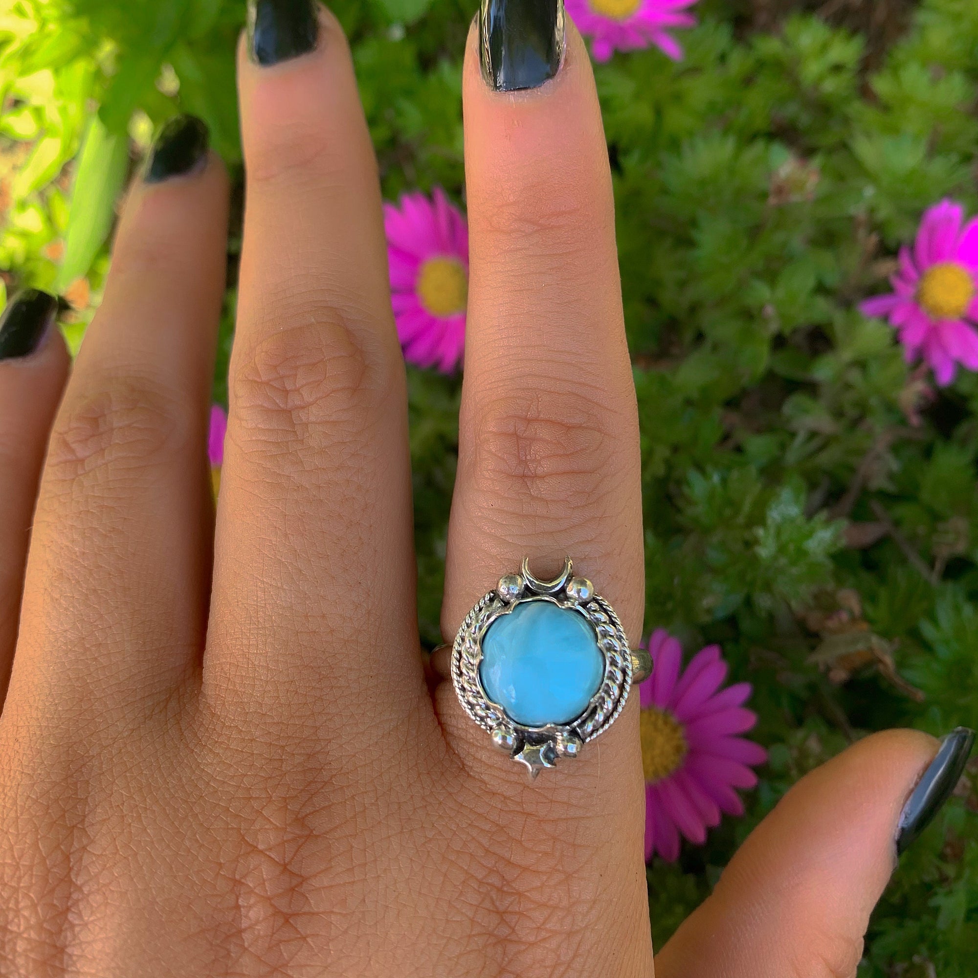 Larimar Ring - Size 9 to 9 1/4 - Sterling Silver - Blue Larimar Ring - Round Larimar Ring - Larimar Jewelry - Handcrafted Larimar Moon Ring