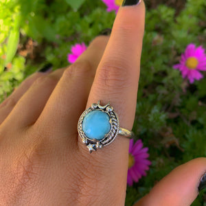 Larimar Ring - Size 9 to 9 1/4 - Sterling Silver - Blue Larimar Ring - Round Larimar Ring - Larimar Jewelry - Handcrafted Larimar Moon Ring