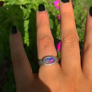 Rose Cut Clear Quartz & Aurora Opal Ring - Size 5 1/2 to 5 3/4 - Sterling Silver - Rainbow Opal Jewelry -Thick Floral Ring Band Crystal