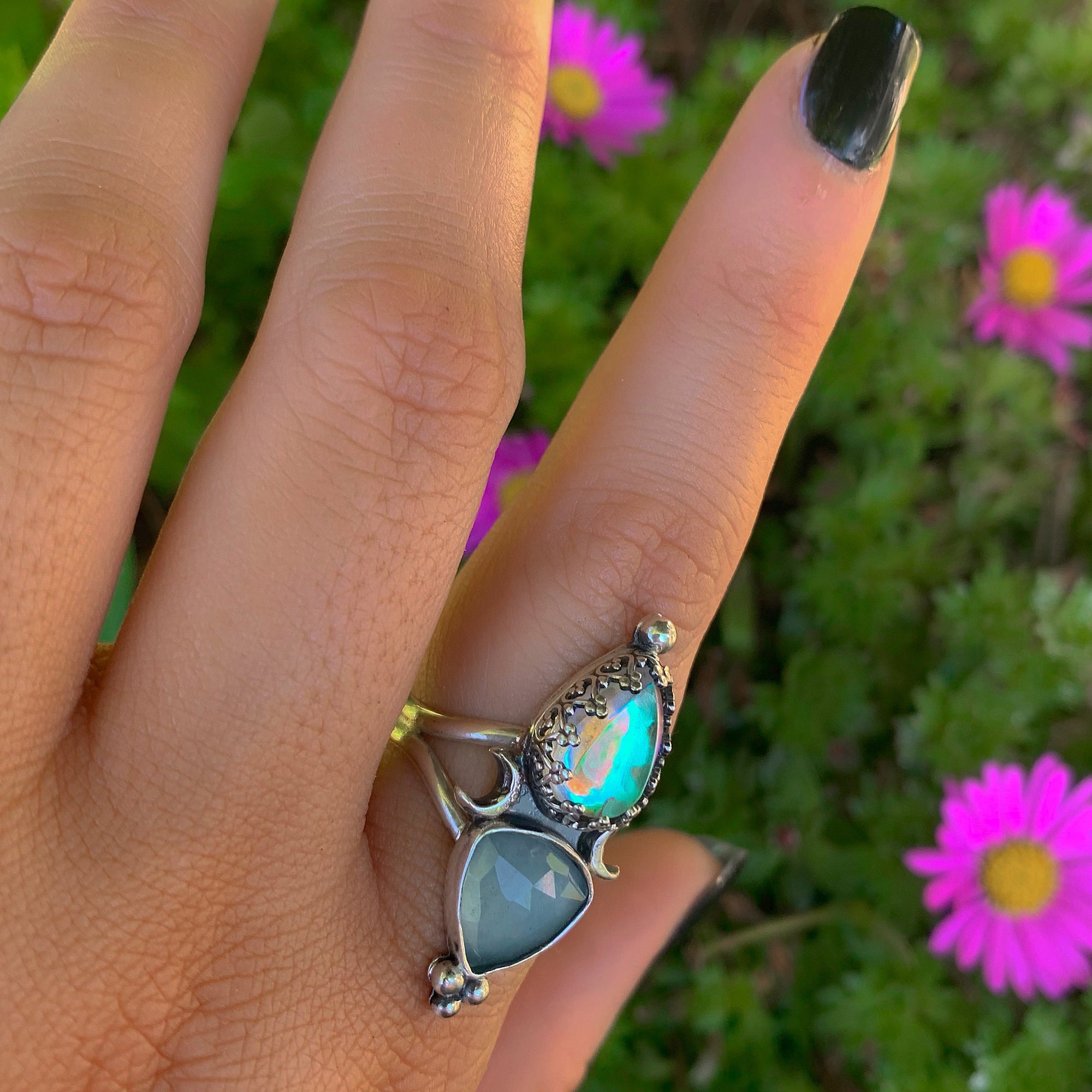 Rose Cut Aquamarine & Angel Aura Quartz Ring - Size 8 - Sterling Silver - Aquamarine Ring - Rainbow Crystal Jewelry - Crescent Moon Ring