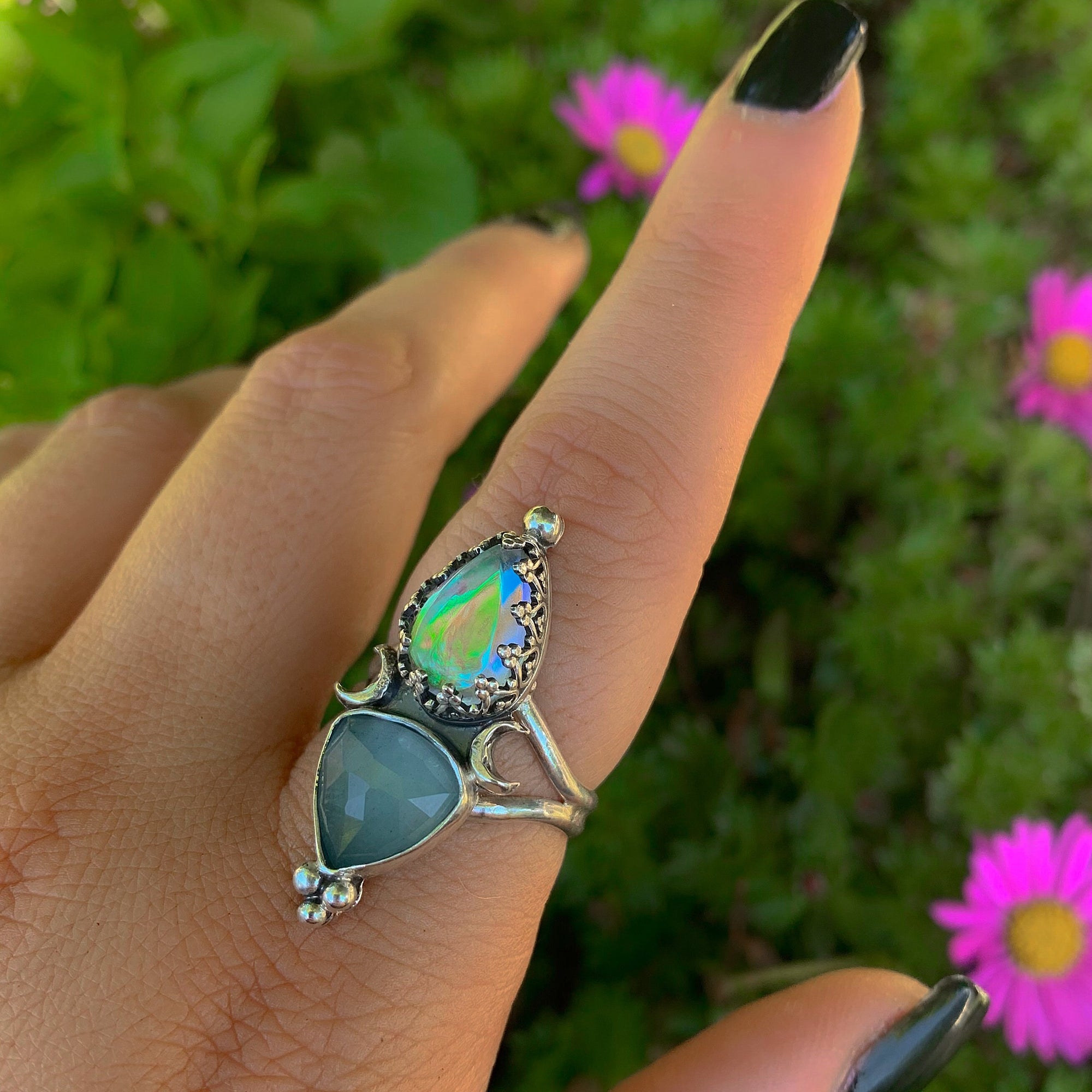 Rose Cut Aquamarine & Angel Aura Quartz Ring - Size 8 - Sterling Silver - Aquamarine Ring - Rainbow Crystal Jewelry - Crescent Moon Ring