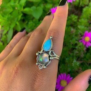Larimar & Angel Aura Quartz Ring - Size 9 - Sterling Silver - Larimar Ring - Rainbow Crystal Jewelry - Crescent Moon Statement Ring OOAK