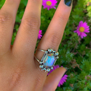 Angel Aura Quartz Ring - Size 10 1/4 - Sterling Silver - Angel Aura Quartz Moon Ring - Rose Cut Aura Quartz - Faceted Rainbow Crystal Ring