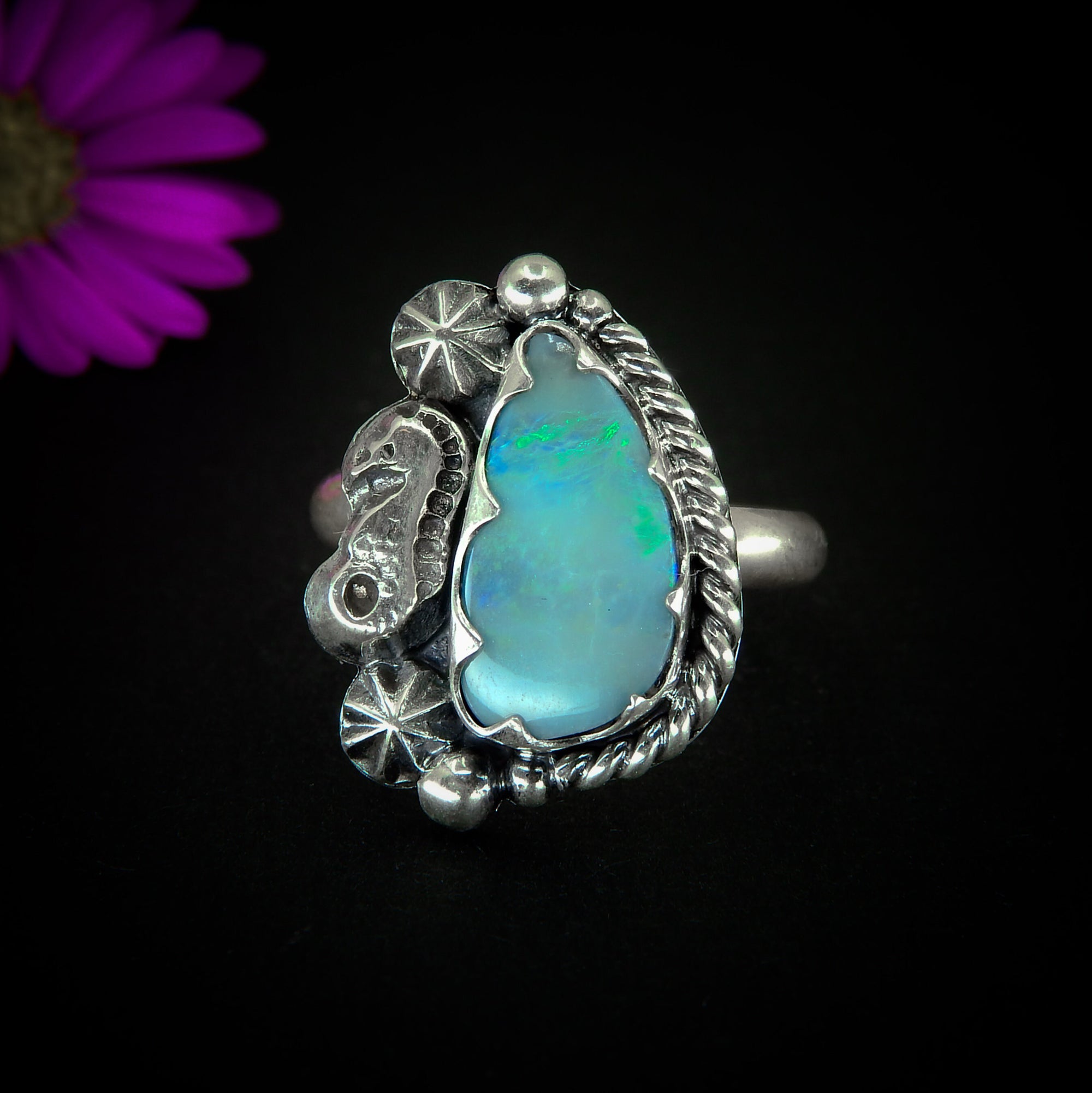 Australian Opal Ring - Size 8 1/2 - Sterling Silver - Lightning Ridge Opal Ring, -Blue Australian Opal Seahorse Ring - Ocean Jewellery OOAK