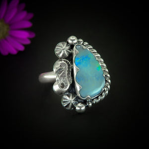 Australian Opal Ring - Size 8 1/2 - Sterling Silver - Lightning Ridge Opal Ring, -Blue Australian Opal Seahorse Ring - Ocean Jewellery OOAK