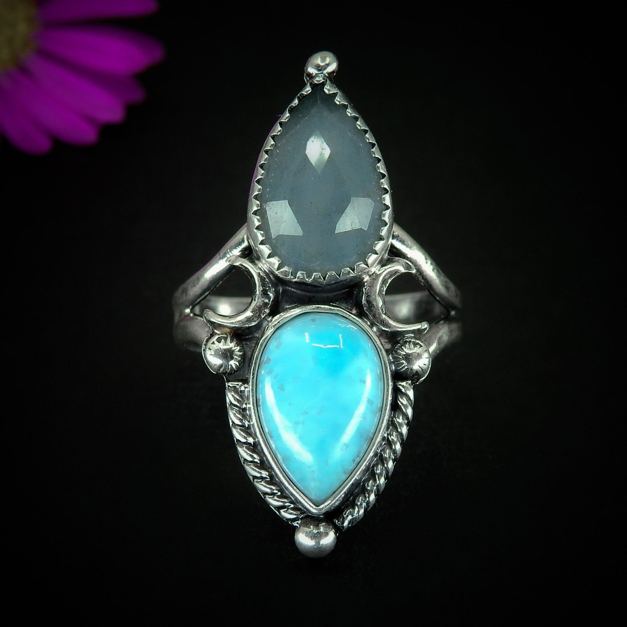 Rose Cut Aquamarine & Larimar Ring - Size 6 1/4 - Sterling Silver - Aquamarine Ring - Ocean Jewelry - Crescent Moon Statement Ring OOAK