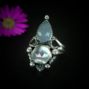 Rose Cut Aquamarine & Angel Aura Quartz Ring - Size 10 1/2 - Sterling Silver - Aquamarine Ring - Rainbow Crystal Jewelry, Crescent Moon Ring