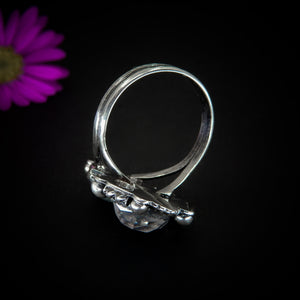 Rose Cut Aquamarine & Angel Aura Quartz Ring - Size 10 1/2 - Sterling Silver - Aquamarine Ring - Rainbow Crystal Jewelry, Crescent Moon Ring