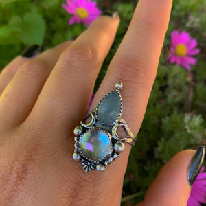 Rose Cut Aquamarine & Angel Aura Quartz Ring - Size 10 1/2 - Sterling Silver - Aquamarine Ring - Rainbow Crystal Jewelry, Crescent Moon Ring