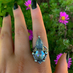 Rose Cut Aquamarine & Angel Aura Quartz Ring - Size 10 1/2 - Sterling Silver - Aquamarine Ring - Rainbow Crystal Jewelry, Crescent Moon Ring