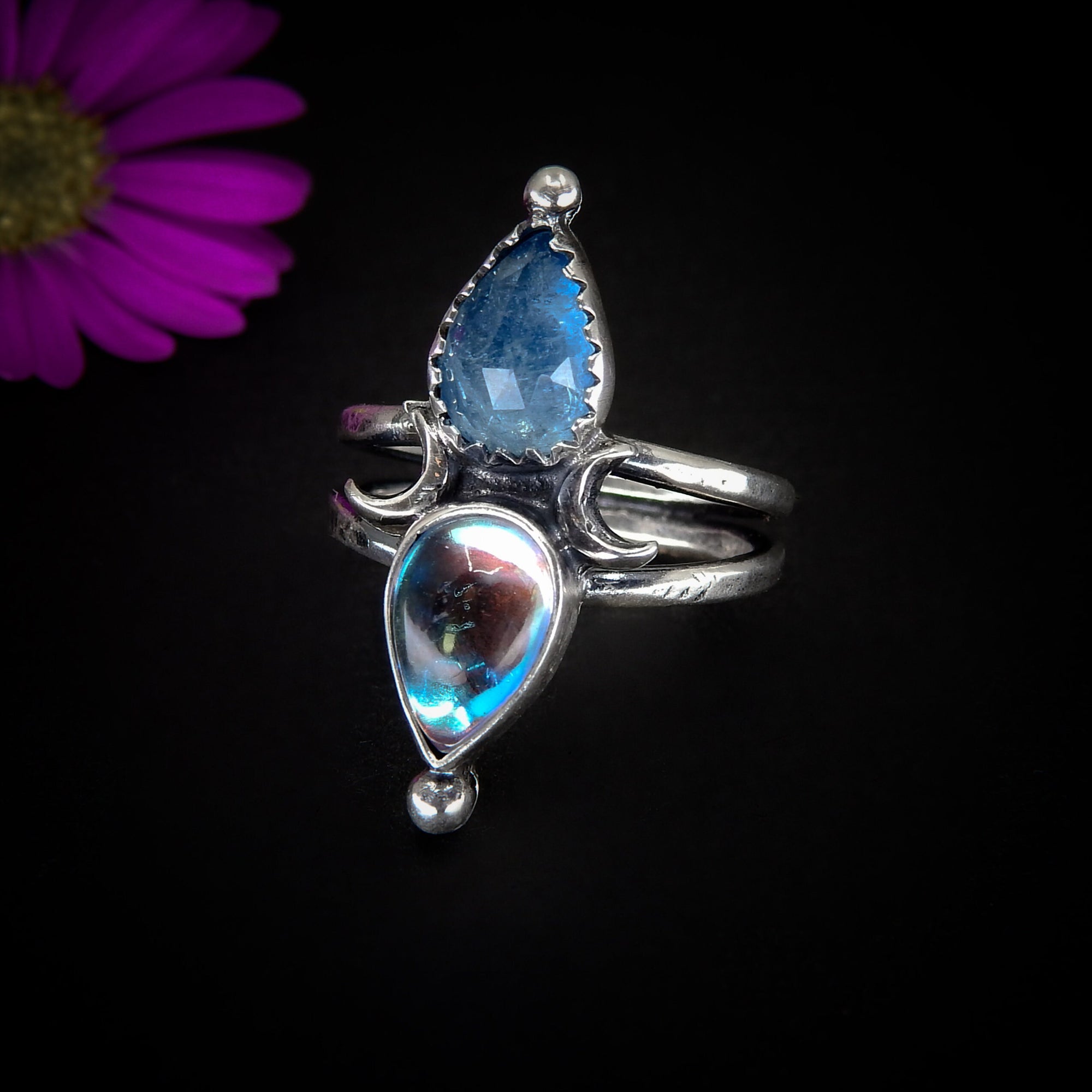Rose Cut Aquamarine & Angel Aura Quartz Ring - Size 5 to 5 1/4 - Sterling Silver - Aquamarine Ring - Rainbow Crystal Jewelry - Moon Ring