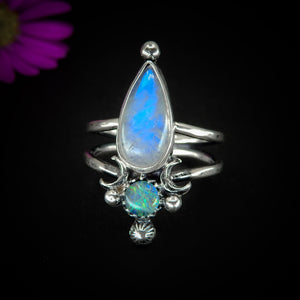 Australian Opal & Moonstone Ring - Size 7 to 7 1/4 - Sterling Silver - Aquamarine Ring - Rainbow Opal Jewelry, OOAK Ocean Crescent Moon Ring