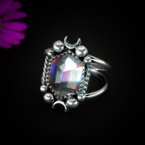 Angel Aura Quartz Ring - Size 8 3/4 - Sterling Silver - Angel Aura Quartz Moon Ring - Rose Cut Aura Quartz - Faceted Rainbow Crystal Ring