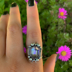 Angel Aura Quartz Ring - Size 8 3/4 - Sterling Silver - Angel Aura Quartz Moon Ring - Rose Cut Aura Quartz - Faceted Rainbow Crystal Ring