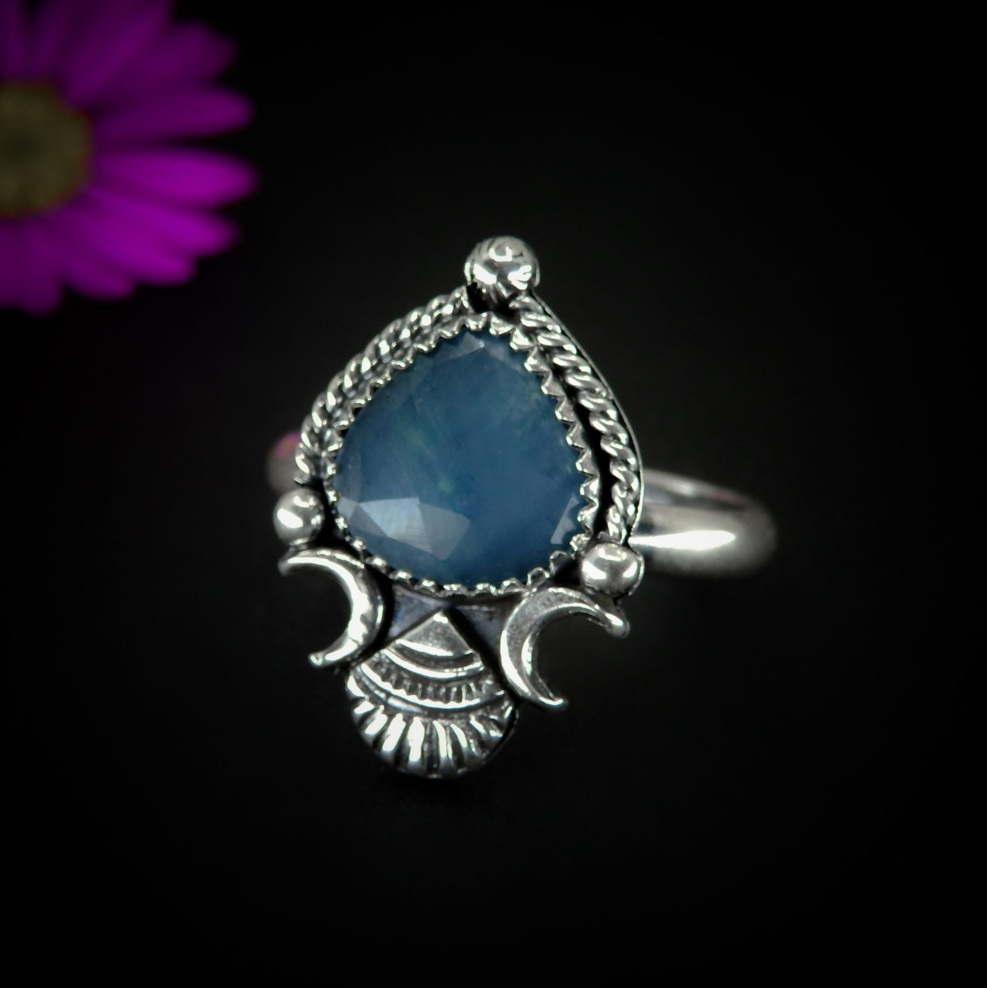 Rose Cut Aquamarine Ring - Size 12 - Sterling Silver - Aquamarine Jewelry - Faceted Blue Aquamarine Shell Ring, Crescent Moon Statement Ring