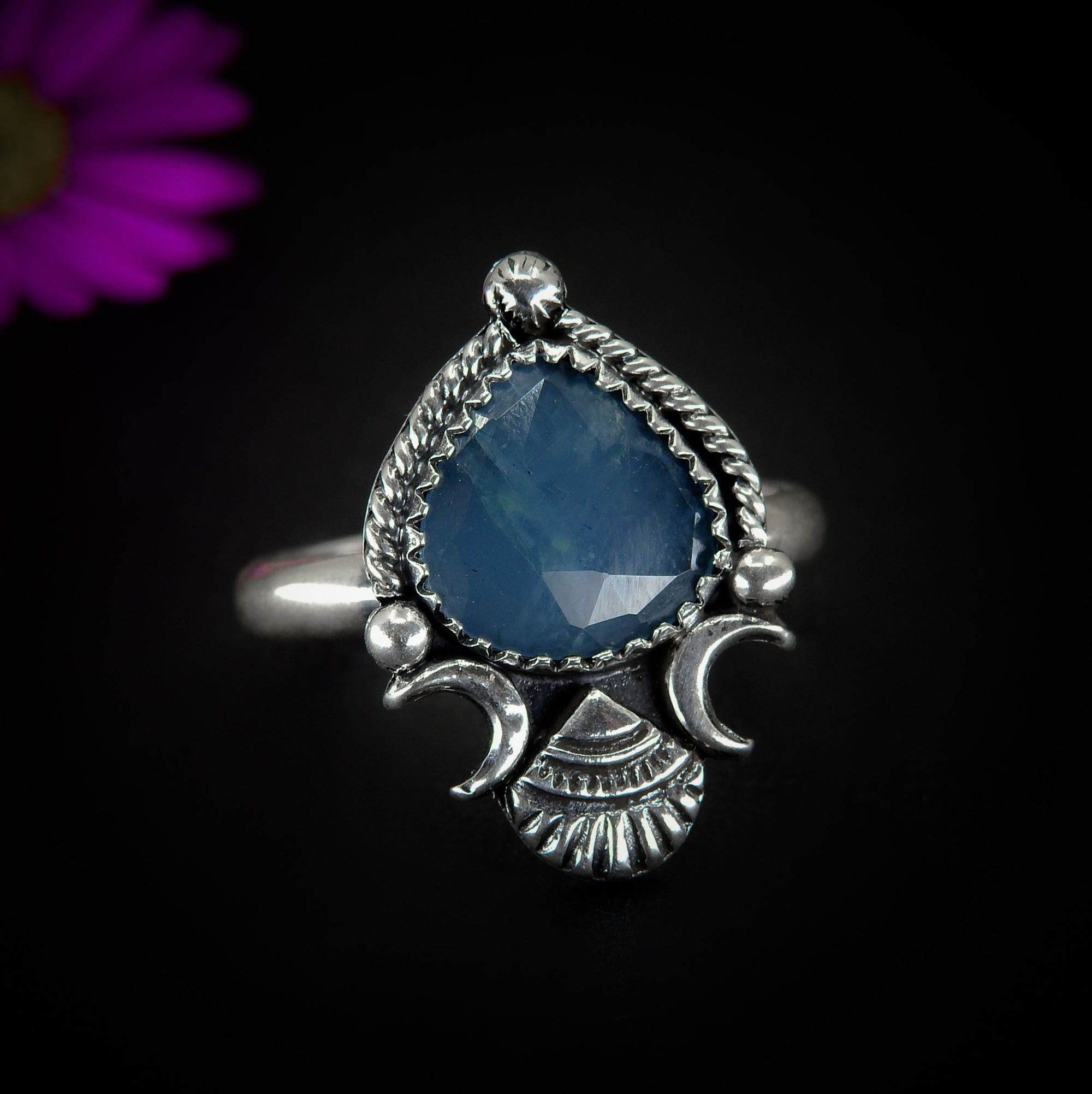 Rose Cut Aquamarine Ring - Size 12 - Sterling Silver - Aquamarine Jewelry - Faceted Blue Aquamarine Shell Ring, Crescent Moon Statement Ring