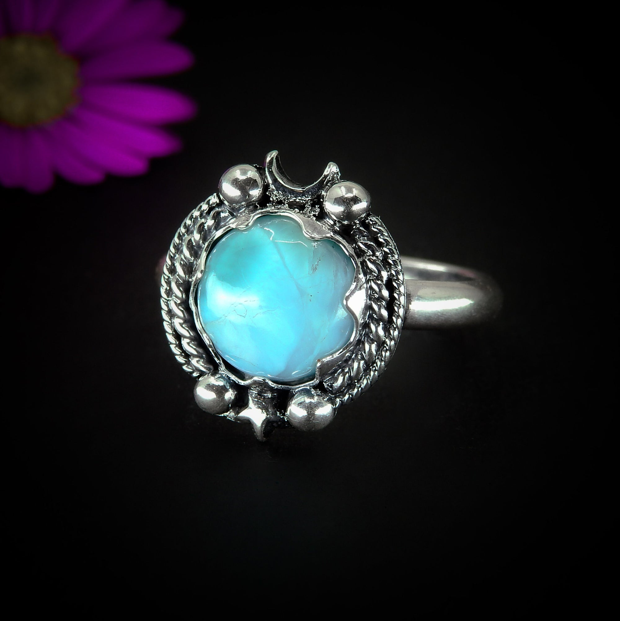 Larimar Ring - Size 11 - Sterling Silver - Blue Larimar Ring - Round Larimar Ring - Larimar Jewelry - Handcrafted Larimar Moon & Star Ring