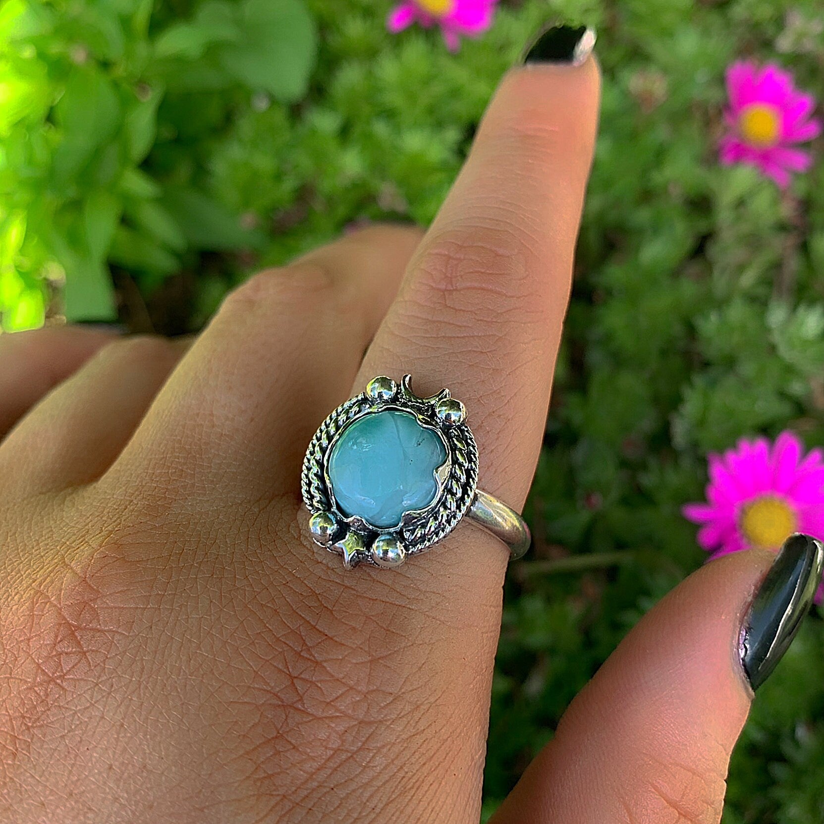 Larimar Ring - Size 11 - Sterling Silver - Blue Larimar Ring - Round Larimar Ring - Larimar Jewelry - Handcrafted Larimar Moon & Star Ring