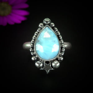 Rose Cut Larimar Ring - Size 8 1/4 - Sterling Silver - Blue Larimar Ring - Teardrop Larimar Jewelry - Handcrafted Faceted Larimar Star Ring