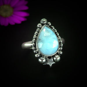 Rose Cut Larimar Ring - Size 8 1/4 - Sterling Silver - Blue Larimar Ring - Teardrop Larimar Jewelry - Handcrafted Faceted Larimar Star Ring