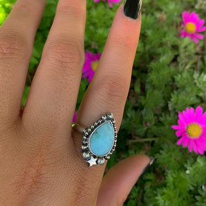 Rose Cut Larimar Ring - Size 8 1/4 - Sterling Silver - Blue Larimar Ring - Teardrop Larimar Jewelry - Handcrafted Faceted Larimar Star Ring