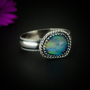 Rose Cut Clear Quartz & Aurora Opal Ring - Size 11 3/4 - Sterling Silver - Rainbow Opal Jewelry -Thick Ring Band - Faceted Rainbow Crystal
