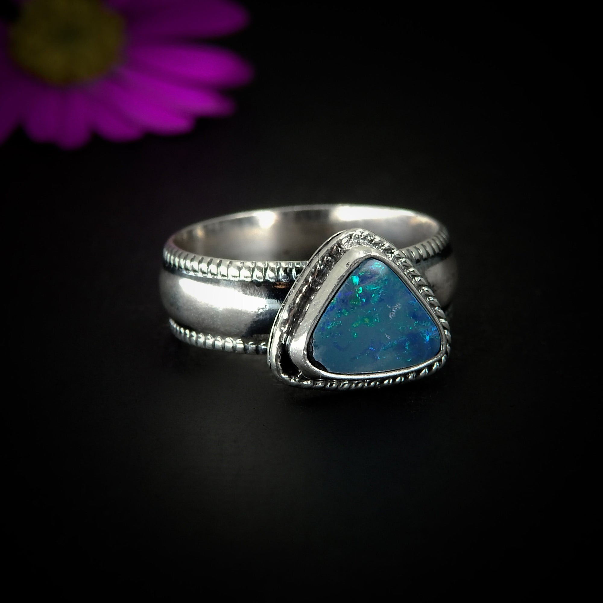 Australian Opal Ring - Size 4 1/2 - Sterling Silver - Lightning Ridge Opal Ring - Rainbow Opal Jewelry - Triangle Blue Opal OOAK, Thick Band