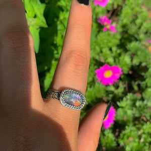 Rose Cut Clear Quartz & Aurora Opal Ring - Size 9 3/4 to 10 - Sterling Silver - Rainbow Opal Jewelry -Thick Ring Band - Rainbow Crystal