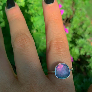 Rose Cut Clear Quartz & Aurora Opal Ring - Size 8 1/4 - Sterling Silver - Rainbow Opal Jewelry, Dainty Aurora Opal - Faceted Rainbow Crystal
