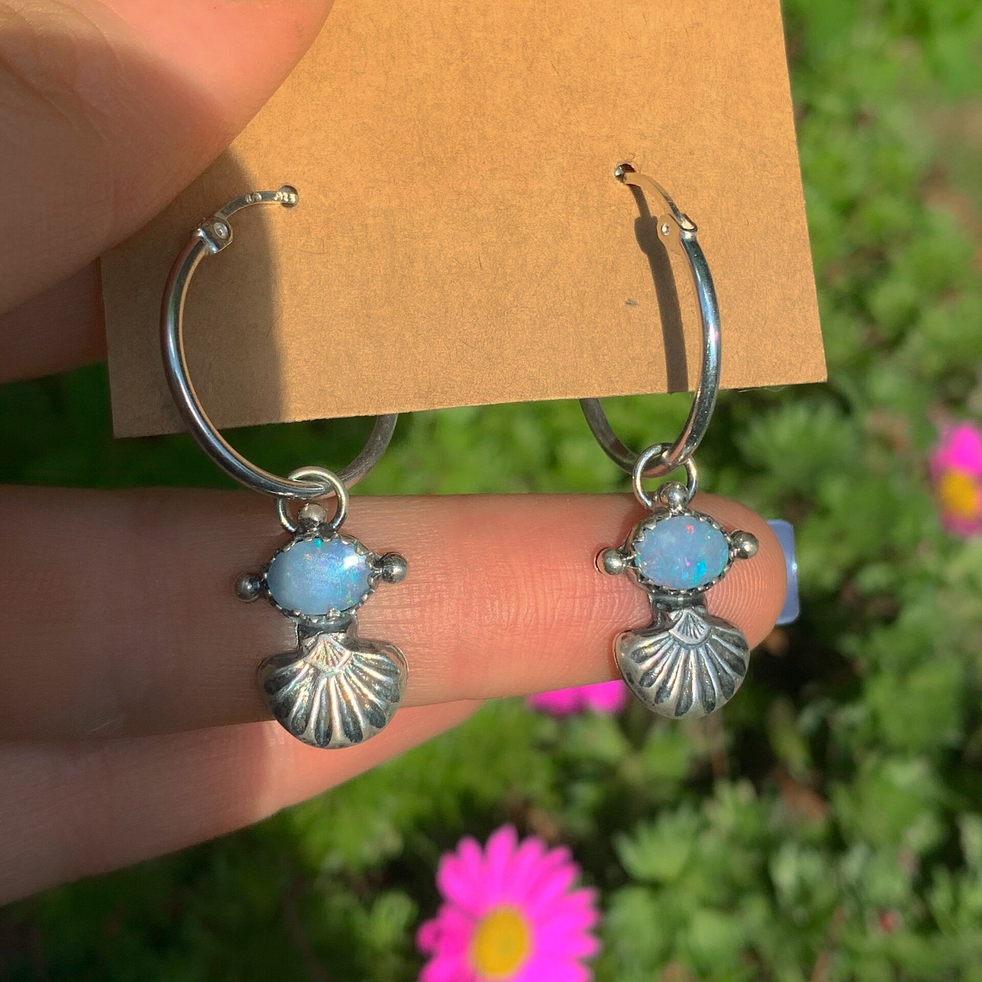 Australian Opal Shell Earrings - Sterling Silver - Rainbow Opal Hoop Earrings - Blue Opal Sleeper Earrings - Coober Pedy Opal Hoops Sleepers