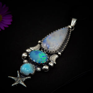 Moonstone, Australian Opal & Larimar Pendant - Sterling Silver - Triple Stone Moon Pendant - Moonstone Pendant - Starfish Opal Necklace