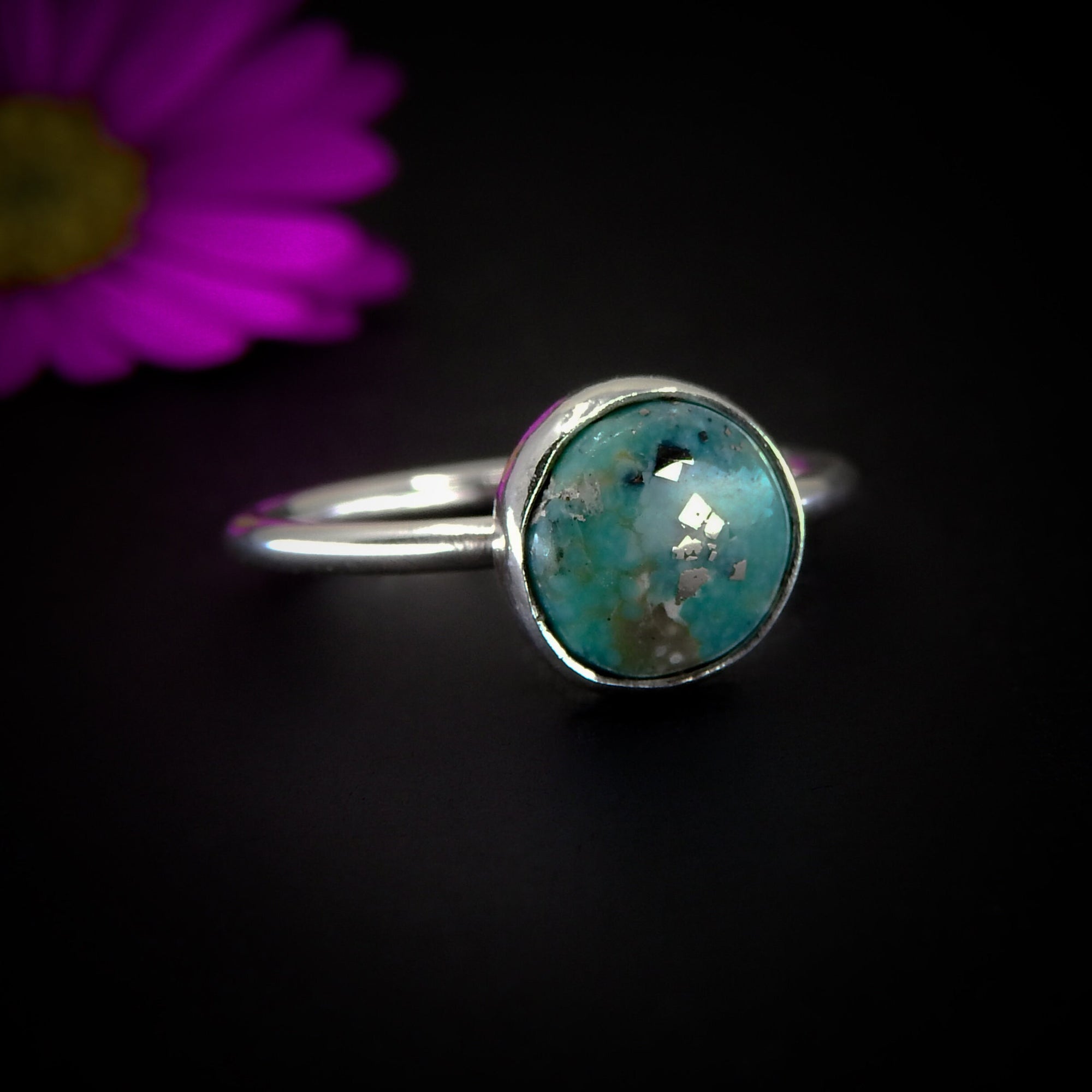Nacozari Turquoise Ring - Size 6 - Sterling Silver - Teal Turquoise Jewellery - Rare Turquoise Jewelry - Dainty Unique Pyrite Turquoise Ring