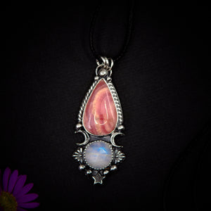 Moonstone & Rhodochrosite Pendant - Sterling Silver - Moonstone Pendant - Double Stone Moon and Star Necklace - Crescent Moon Unique OOAK