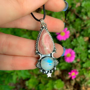 Moonstone & Rhodochrosite Pendant - Sterling Silver - Moonstone Pendant - Double Stone Moon and Star Necklace - Crescent Moon Unique OOAK