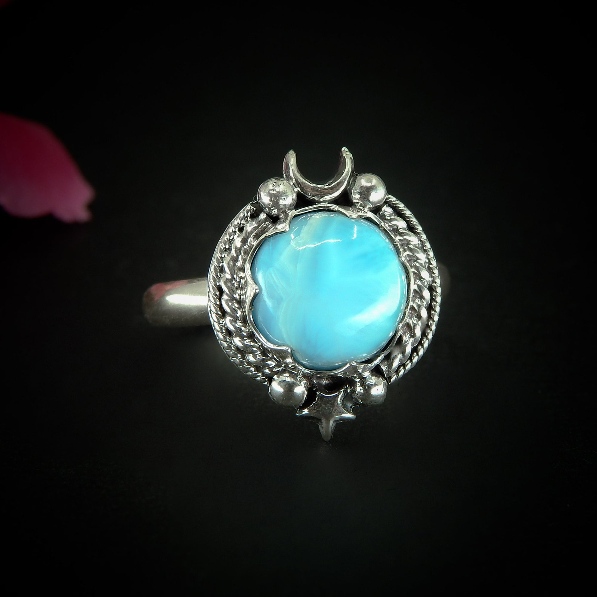 Larimar Ring - Size 9 to 9 1/4 - Sterling Silver - Blue Larimar Ring - Round Larimar Ring - Larimar Jewelry - Handcrafted Larimar Moon Ring